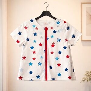 Quacker Factory Americana Stars Sequin Zip Front Top XL Patriotic Summer Casual